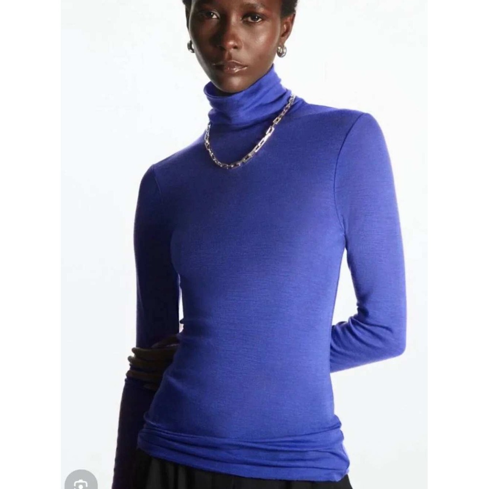 COS Merino Wool Turtleneck Top S Cobalt Blue Layering Raw Edge Sheer Minimalist